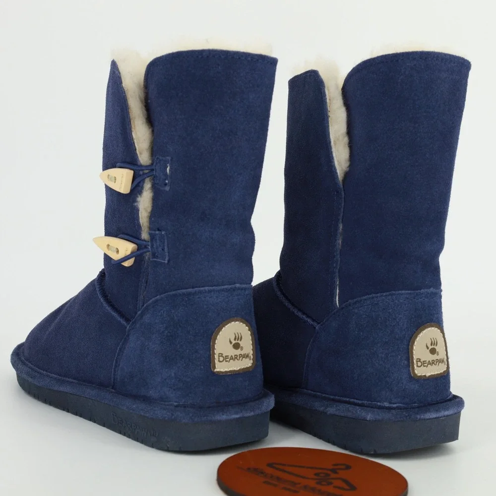 Bearpaw Women Navy Blue Suede Abigail Toggle Boots‎ Sheepskin Lining Size 7
